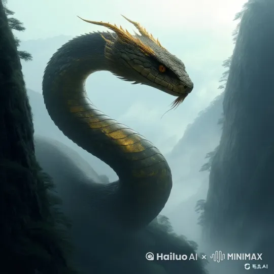镜头跟踪，动态跟随，时长：0:15，蛇身体顺时针蠕动，蛇口慢慢张开吐出信子，蛇眼睛睁开，明亮而有灵气，蛇身上磷光渐闪。 by Hailuo AI Video Generator