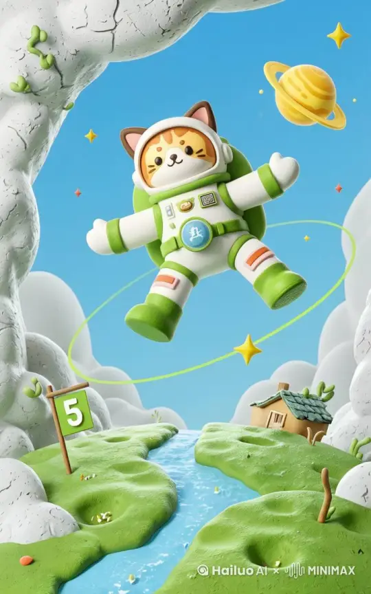 镜头由远拉近，猫咪宇航员朝着正前方飞行，并在过程中伸出手臂，同时背景的星球在旋转，地面的河流也在流动。“完美细节”“8K画质” by Hailuo AI Video Generator