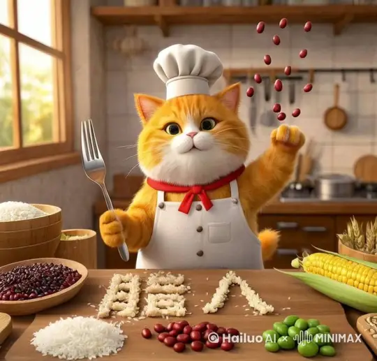 照片上主题猫咪，一边摆豆子一边说话 by Hailuo AI Video Generator