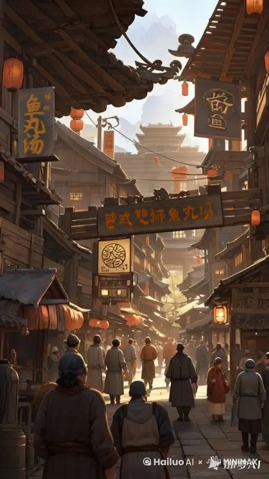 全景航拍镜头，街道上的行人络绎不绝的走着，灯笼的光闪亮闪亮地 by Hailuo AI Video Generator