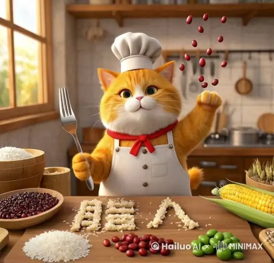 照片上主题猫咪很帅气的往上抛了一把豆子，豆子落下来，猫咪说这话，都是慢动作 by Hailuo AI Video Generator