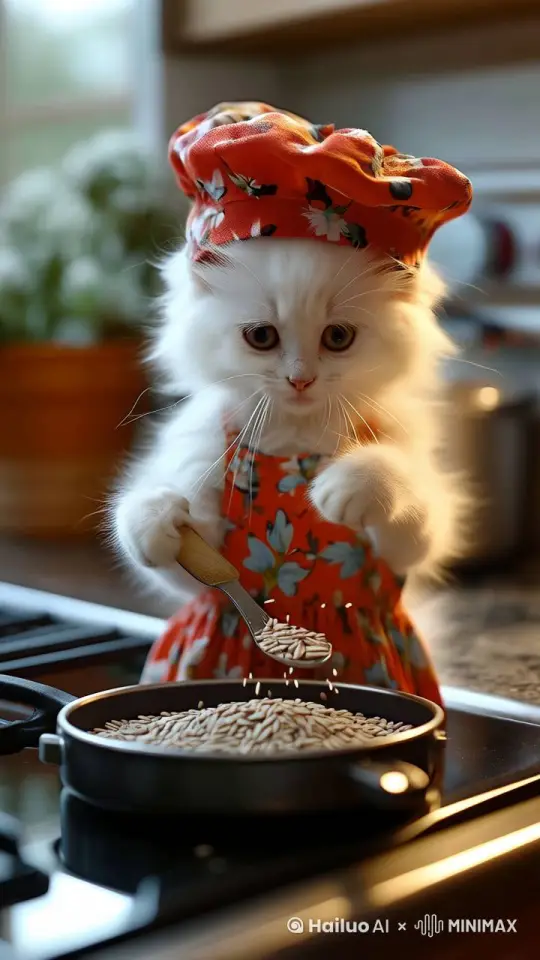 小猫用勺子翻炒锅里的瓜子 by Hailuo AI Video Generator
