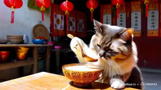 请生成一个腊八节的祝福视频，要有一只猫咪用右边的爪子拿着一只大勺子开心得吃腊八粥

 by Hailuo AI Video Generator