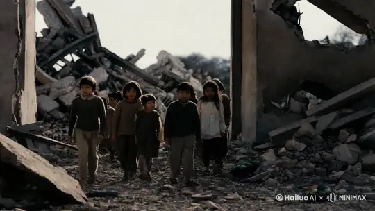 在那片废墟之中，一群孩子正漫步其间。他们的眼神里透着好奇与坚强，仿佛在这荒芜中寻找着希望的曙光。那一步步的前行，是对未来的勇敢探索。看着他们小小的身影，不禁让人感叹生命的顽强与美好。 by Hailuo AI Video Generator