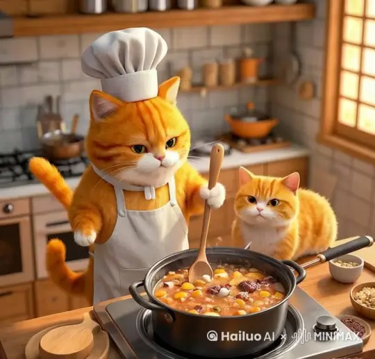 图片上主题猫咪在搅动粥，在说话，慢动作，表情微笑，开心旁边的小猫咪在等待，在认真的听着大猫咪讲话，一边点头慢动作 by Hailuo AI Video Generator