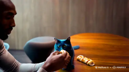 科比喂蓝色的猫吃鸡肉卷 by Hailuo AI Video Generator