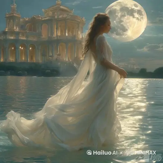 美女在翩翩起舞，腿踢起来。周围的水随着美女起舞 by Hailuo AI Video Generator
