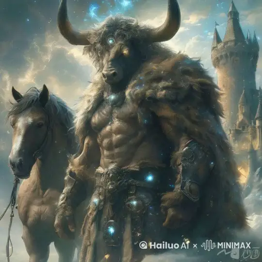 牛头和马行走，牛头说话，烟雾缭绕，周围星光动来动去 by Hailuo AI Video Generator