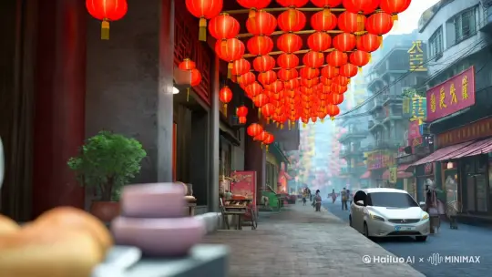 在人群热闹红灯笼高挂的街道，熊猫在自己家店门口做包子，并招呼路人过来买买包子。生成时间一分钟的视频 by Hailuo AI Video Generator