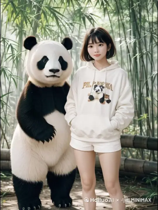 大熊猫挥手打招呼，女生微笑面对前方 by Hailuo AI Video Generator