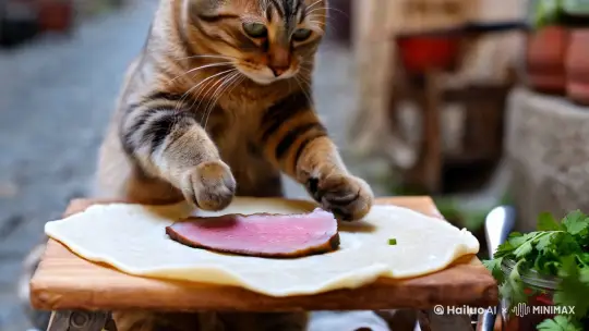 猫妈妈为了让孩子吃上烤牛肉串，自己摆摊卖里脊肉卷饼，它先是摊饼，然后加入里脊肉、打一个鸡蛋、撒上葱花和香菜，卖给客人。 by Hailuo AI Video Generator