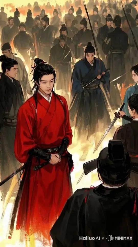 红衣人被其他人全部围住，用剑刺向他 by Hailuo AI Video Generator