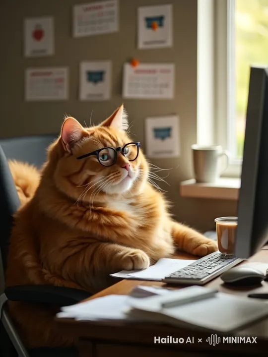 一只胖橘猫正坐在书桌前，眼睛盯着电脑屏幕，很专心认真地在学习，他的脑袋轻微的转动。 by Hailuo AI Video Generator