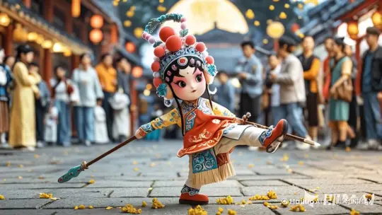 3d动漫，大街上，戏曲少女舒展身体，武术动作，英姿飒爽，身后是观众，金色流边溅射，极致唯美，夸张的视角， by Hailuo AI Video Generator