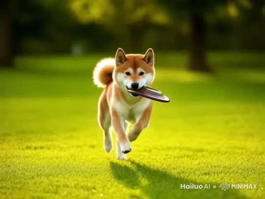 视频展示了一只活力十足的柴犬，嘴里叼着一个飞盘，正兴奋地向镜头方向跑来 by Hailuo AI Video Generator