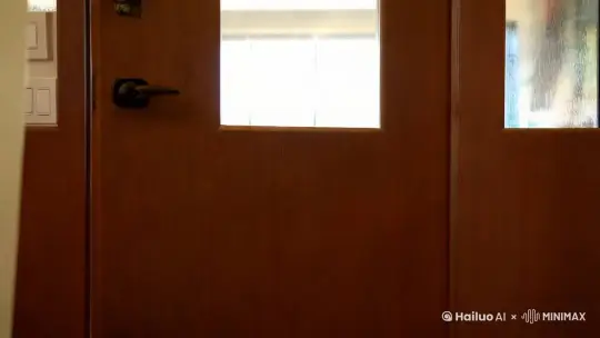 镜头随着一扇棕色的现代防盗门打开进入房间客厅，阳光透过落地窗照在房间里，地上摆放着散落的儿童玩具，有一只黑脸的德文猫踩在一个皮球上，像人一样对着镜头敬礼，色调柔和温馨 by Hailuo AI Video Generator