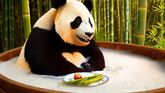 一只胖胖的熊猫，在浴盆里洗泡泡浴，熊猫头上放着一个盘子，盘子里有竹子和苹果。熊猫在揉自己肚子。 by Hailuo AI Video Generator