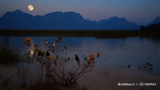 月落低湖影，尘清透山明。
骤风侵骨彻，厉鸟颤心惊。
残花非枯骨，何用沙土平。
入秋不知冷，坐看笙箫鸣。 by Hailuo AI Video Generator