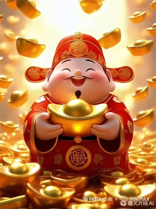 一个财神笑盈盈的拿着元宝送给你，背后是元宝漫天飞舞 by Hailuo AI Video Generator