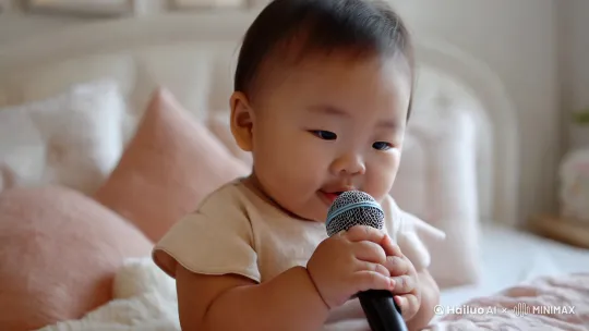 中国一岁萌娃娃手拿话筒，话筒不要挡住脸，正脸在床上坐着唱歌， by Hailuo AI Video Generator