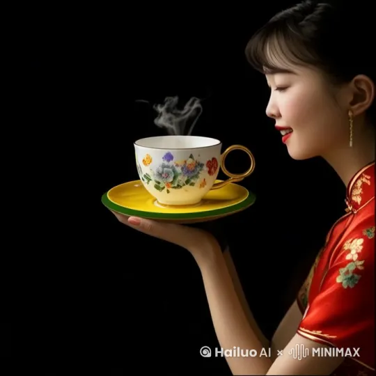 茶叽桌面上放有一个碟盘，碟盘上摆放有一茶碗。茶碗里的茶冒着微小热气。一位皮肤白嫩穿着丝绸旗袍的美少女。旗袍的颜是为艳红色，上面绣有彩色牡丹花。眉眼舍笑。身姿矫健坐在茶叽邊。两只手同时伸出慢慢托起碟盘，将冒着徽弱热气的碗茶送入慢慢送入嘴边。品茶后，将茶盘慢慢放回茶叽上。然后慢慢站起身来，谢礼离开。一幅美女优雅品茶的场景，梦幻之美。电影情节。高请图。原比例。 by Hailuo AI Video Generator