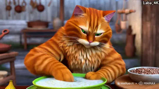 特写镜头3D画质，4维，4k超清画质，大橘猫在农家小院厨房里做腊八粥，背景虚化，动作很流畅，电影画风，真实立体，镜头超清近景。 by Hailuo AI Video Generator