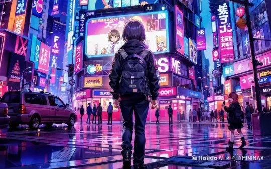 一个帅气的女生背对着画面在夜晚热闹的商业街上往前行走，镜头从下方地面处逐渐向上拍这个女生，右边不远处有一个可爱的小萝莉在回头看这个女生，手上拿着手机在和这个女生打招呼，镜头缓慢向前推进展示热闹的商业街环境，正对镜头的大屏幕上的女孩在眨眼、嘴巴在动、并在轻微点头，其他人群有的站在店门前停留、有的在街上行走，四周霓虹灯闪烁，店招上的字尽量模糊，画面呈现流光溢彩。 by Hailuo AI Video Generator