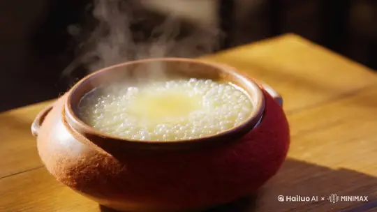 腊八粥在小火炖煮的砂锅里冒着小泡，一辆新能源suv从粥中升起，染成了腊八粥的颜色。毛毡定格动图风格。 by Hailuo AI Video Generator