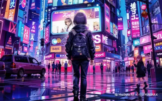 一个帅气的女生背对着画面在夜晚热闹的商业街上往前行走，镜头从下方地面处逐渐向上拍这个女生，镜头缓慢向前推进展示热闹的商业街环境，正对镜头的大屏幕画面上的动漫女孩在眨眼、嘴巴在动、并在轻微点头，远处街上其他人群有的站在店门前停留、有的在行走，四周霓虹灯闪烁，店招上的字尽量模糊，画面呈现流光溢彩。 by Hailuo AI Video Generator