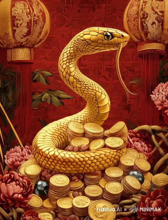 金色的蛇开始缓缓地蜿蜒游动，身体如波浪般起伏，每一节鳞片都随着动作灵活地律动，仿佛有生命般在金币堆上优雅地穿梭，时而高昂起头，时而低垂游走，展现出蛇特有的灵动与优雅。蛇的信子快速而有节奏地吞吐，信子的颜色鲜艳，与金色的蛇身形成鲜明对比，吞吐的频率随着画面氛围的变化而改变，在神秘氛围中缓慢吞吐，在紧张时刻快速闪动，增强画面的生动感和神秘感。蛇在游动过程中，身体轻轻拂过金币堆，金币随之轻微晃动、滚动，发出清脆的碰撞声，部分金币被蛇身带起，又缓缓落下，仿佛在与蛇共舞，凸显财富的灵动与生机。 by Hailuo AI Video Generator