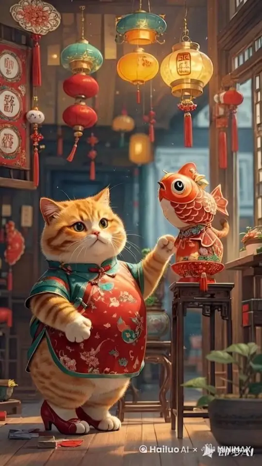 |镜号|景别|画面|台词|时长|音乐/音效|拍摄地点|
|---|---|---|---|---|---|---|
|1|全景|古色古香的中式庭院,红灯笼高挂,胖橘猫穿着华丽旗袍,踩着高跟鞋,站在一张摆满年货的桌子旁,桌上有笔墨纸砚、福字、春联等,旁边还有一个小梯子,它正抬头看着屋檐下需要挂灯笼的位置。|胖橘猫:“新年到,挂灯笼,热热闹闹!”|8s|喜庆的新年音乐,夹杂着轻微的风声|中式庭院|
|2|中景|胖橘猫迈着不太熟练的猫步,走到桌子前,用爪子拿起一支毛笔,蘸了蘸墨汁,在一张红纸上写下歪歪扭扭的“福”字,写完后满意地看着自己的作品,还不忘用爪子比划一下。|胖橘猫:“看我这书法,是不是很有潜力?”|10s|喜庆的新年音乐,写字的沙沙声|中式庭院|
|3|近景|胖橘猫小心翼翼地把写好的“福”字用胶水贴在门上,贴的时候不小心贴歪了一点,它试图用爪子扶正,结果越弄越歪,最后无奈地摇摇头。|胖橘猫:“哎呀,凑合看吧,心意到了就行。”|8s|喜庆的新年音乐,轻微的摩擦声|中式庭院门口|
|4|中景|胖橘猫转身走向小梯子,双手(爪子)扶着梯子,抬起一只脚准备往上爬,但是由于穿着高跟鞋不太方便,差点摔倒,它赶紧调整姿势,紧紧抓住梯子。|胖橘猫:“这高跟鞋爬梯子,可真不容易啊!”|10s|喜庆的新年音乐,紧张的心跳声|屋檐下|
|5|特写|胖橘猫费了好大劲爬上梯子,抱着一个大红灯笼,脸上露出得意的笑容,灯笼的光照在它毛茸茸的脸上,红彤彤的。|胖橘猫:“终于拿到你了,小灯笼!”|8s|喜庆的新年音乐,轻微的呼吸声|梯子上|
|6|中景|胖橘猫一只手(爪子)扶着梯子,另一只手(爪子)努力地把灯笼挂在屋檐下的挂钩上,挂好后还细心地调整了一下位置,确保灯笼挂得端正。|胖橘猫:“嗯,完美!”|8s|喜庆的新年音乐,轻微的碰撞声|梯子上|
|7|全景|胖橘猫从梯子上慢慢下来,退到院子中间,看着挂好的灯笼和贴好的“福”字,开心地在院子里转圈圈,旗袍的裙摆随风飘动。|胖橘猫:“新年新气象,祝大家都幸福快乐!”|12s|喜庆的新年音乐,欢快的笑声|中式庭院|
by Hailuo AI Video Generator