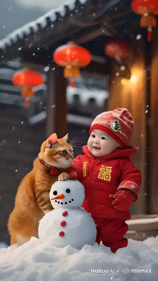 婴儿哈哈大笑，拍手鼓掌，猫哈哈大笑，拍手鼓掌，连续跳起来三次，最后他们互相拥抱，温馨和美的画面，雪花飞舞 by Hailuo AI Video Generator