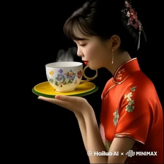 一位皮肤白嫩穿着丝绸旗袍的美少女。将冒着徽弱热气的碗茶送入嘴边的茶碗慢慢放回在茶叽上。然后慢慢站起身来，一只手指向很近的一座豪华挂有红灯笼的茶楼。茶楼周边竹林翠绿，花草艳丽。梦幻之美。电影情节。高请图。原比例。原比例。 by Hailuo AI Video Generator
