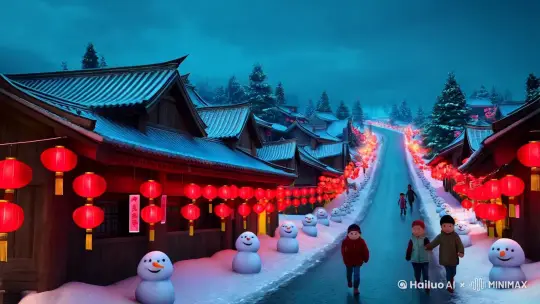 “2025年的春节，展现出一幅浓浓年味的全景画面。村落的街道上挂满了红彤彤的灯笼，家家户户门前贴着对联，热闹非凡。雪后的屋顶泛着银光，路旁堆砌的雪人点缀着笑脸，孩子们欢快地嬉戏，鞭炮声此起彼伏。广场中央，一个高大的年兽彩灯耸立，五彩缤纷的灯光闪烁着新年的希望。空中，烟花绽放，绚丽的火树银花映照着欢腾的人群。
突然，镜头转向热闹的集市，摊主们叫卖年货：琳琅满目的糖果、香甜的年糕，摊主笑容满面。与此同时，大妈们在舞狮表演中挥舞彩带，孩子们围绕着糖画摊欣喜地指点。音乐渐强，新年的钟声响起，全景收尾在每个人脸上的幸福笑容中，热烈欢庆的场景定格成一张浓缩着中国年俗的画卷。” by Hailuo AI Video Generator