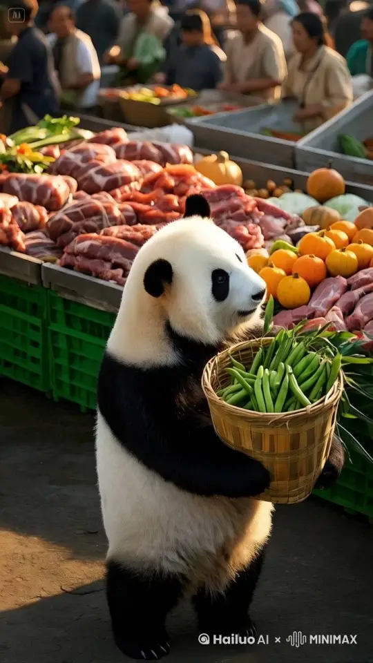 熊猫在买菜 by Hailuo AI Video Generator