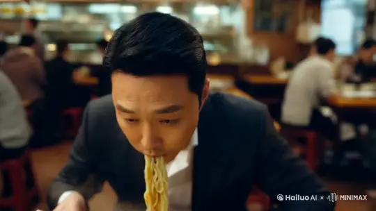 一个身穿西装的男人面色凝重地在面馆里吃面，镜头逐渐拉远展示面馆的吵闹环境，画面色调自然 by Hailuo AI Video Generator