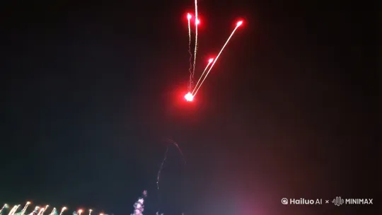 

随着一声清脆的哨响，第一束烟花划破夜空。它如同一只灵动的火鸟，瞬间绽放出绚丽的光彩。红色、蓝色、绿色的光芒交织在一起，如同无数颗璀璨的星星在空中闪烁，照亮了整个夜空。紧接着，更多的烟花接连绽放，有的像盛开的花朵，有的像绽放的礼花，还有的像流星划过天际，留下一道道耀眼的轨迹。

烟花的色彩斑斓，红的如火，蓝的如海，绿的如林，黄的如金。它们在空中交织、碰撞，形成一幅幅美丽的画卷。有的烟花绽放时发出“嘭嘭”的声响，仿佛在为这盛大的表演伴奏；有的则悄无声息地绽放，如同一位优雅的舞者在空中起舞。 by Hailuo AI Video Generator