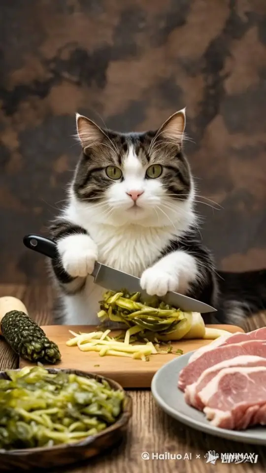 猫咪两爪捧起酸菜，费力的放在菜板上，调整好位置后，拿起菜刀将酸菜切成大小不一的丝，然后码在一起放到切好的肉边上，看到这些猫咪满意的搓了搓爪子。 by Hailuo AI Video Generator