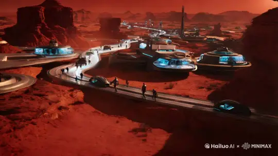 人类在火星上生活了一千年后，城市与未来道路交通和新的星际文明社会。 by Hailuo AI Video Generator