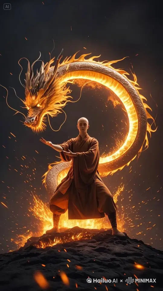 镜头移动，动态跟随，图片人物开始打太极，龙围绕着人物不停移动，突然飞向天空，人物发力周围火花四射 by Hailuo AI Video Generator
