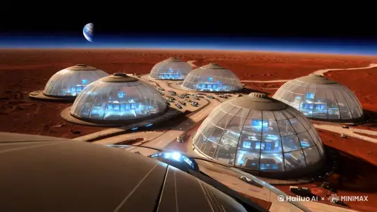 2050中国登陆火星基地后，一个个巨大的火星城市群和科技基地，建筑群全是巨大透明的玻璃罩，基地灯火通明，基地车辆在道路上来来回回行进，远处是地球，我们在正在起飞的飞船上俯瞰这一切。 by Hailuo AI Video Generator