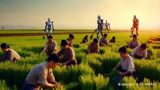 在烈日下，一望无际的稻田里，有很多的人民在劳动，收割稻子，旁边有很多的人形机器人监工，在大声吆喝，有两个机器人鞭打劳动的人类 by Hailuo AI Video Generator