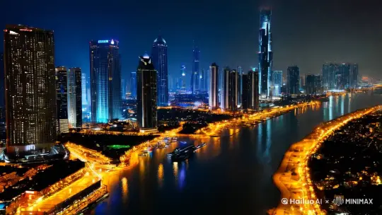 城市夜景里面要灯火通明，有河穿过城市，夜景上空无人机拍摄镜头由远到近拍，烟花三秒内缓缓升起，然后绽放出现五颜六色的颜色，随后展示出2025年的烟花字样 by Hailuo AI Video Generator