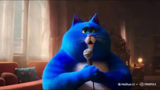 一个蓝色胖猫拿着麦克风唱歌 by Hailuo AI Video Generator