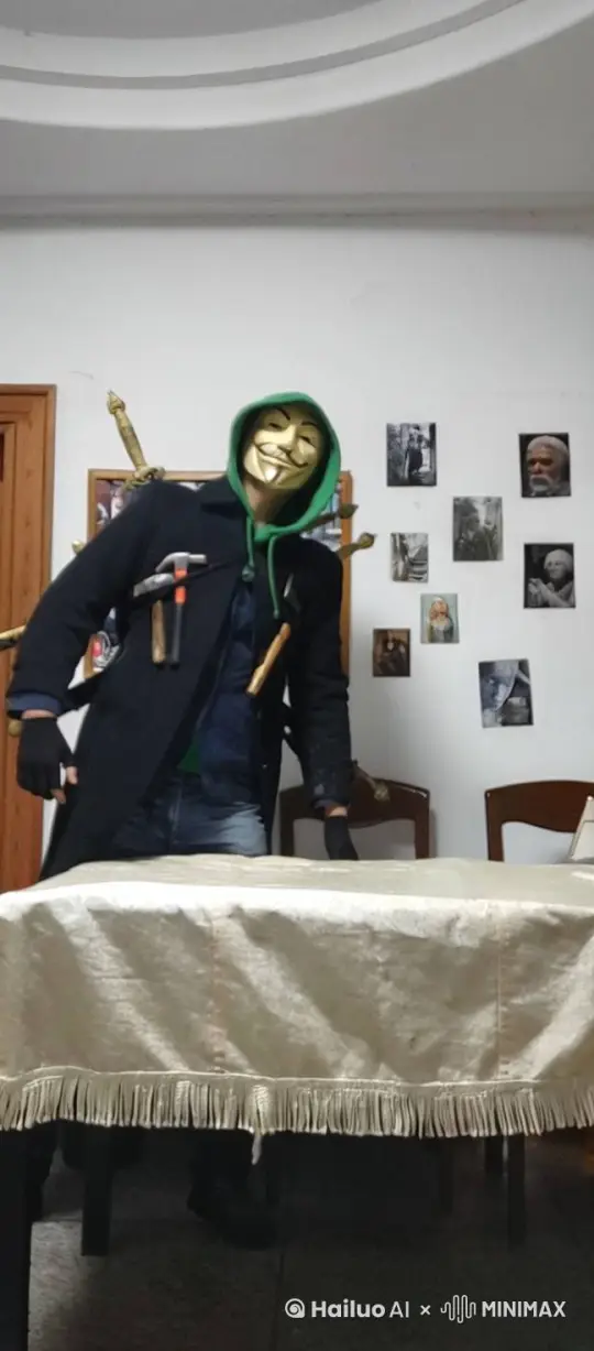 在一个雨夜，一名剑客走潮湿的街道上，突然有10名刺客分别从四面八方把这名剑客包围住，只见剑客瞬间左右手分别拔剑砍死2名刺客，又一个闪躲又刺死了两名刺客，又高高跳起解决了一个人，侧闪身用身上带的斧子砍死一个人，马上转身用身上带的锤子🔨砸死一个人，然后马上出短刀，砍死了剩下的刺客后收刀剑入鞘，转身向阴暗潮湿的街道深处走去…镜头一点点拉远… by Hailuo AI Video Generator