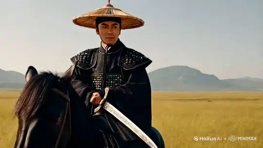 一个骑着马的大侠客，身穿黑色古代中国服饰，头戴斗笠，面容坚毅，眼神锐利，手持长剑，剑鞘上镶嵌着宝石。背景是辽阔的草原和远山，天空晴朗，阳光洒在大侠客的身上，增添了几分神秘和威严 by Hailuo AI Video Generator