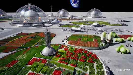 3050中国登陆月球基地后，一个个巨大的月球城市群和蔬菜基地，蔬菜大棚全是巨大的玻璃罩，巨大的西红柿园地挂满了绿色和红色的西红柿，还有各种瓜果，像火箭一样的巨大大白菜，基地灯火通明，基地车辆在道路上来来回回行进，远处是地球，我们在正在起飞的飞船上俯瞰这一切。 by Hailuo AI Video Generator