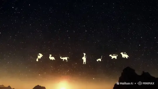 画面：动画以一个悠远的星空为背景，十二生肖的动物形象以剪影的形式依次出现，象征着时间的轮回 by Hailuo AI Video Generator