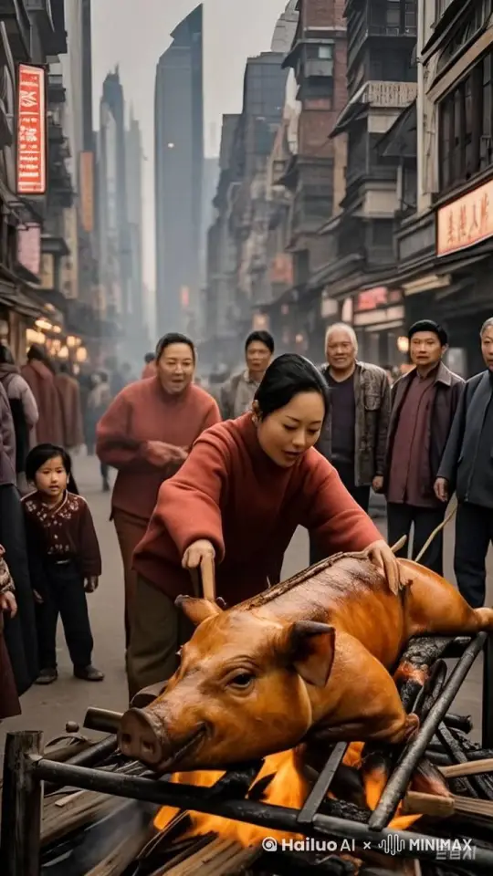 美女在烤乳猪，人群在围观，当美女抱起烤乳猪的时候，烤乳猪飞走了，人群都被吓跑了 by Hailuo AI Video Generator