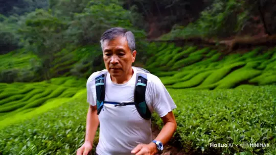 在武夷山的丹霞山林间，一个四十多岁的中年男子，穿着白色的T恤，背着越野水袋包，奔跑在茶树林间的小道 by Hailuo AI Video Generator